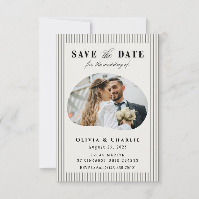Tarjeta elegante de anuncio de fecha de boda con f (Anverso)