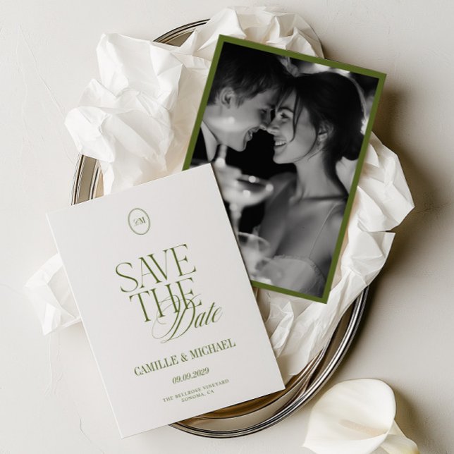 Tarjeta elegante de anuncio de fecha de boda en ve (Elegant Olive Green Photo Save the Date Card)