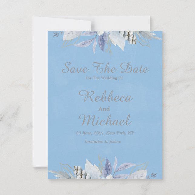 Tarjeta elegante de aviso de fecha floral en azul  (Anverso)