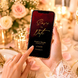 Tarjeta elegante de boda en oro, negro y rojo para