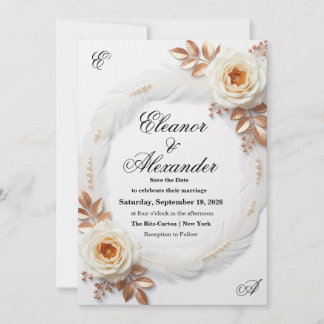 Tarjeta elegante de fecha de guardado floral blanc