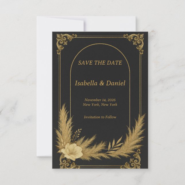 Tarjeta elegante de fecha de salvación en negro y  (Anverso)