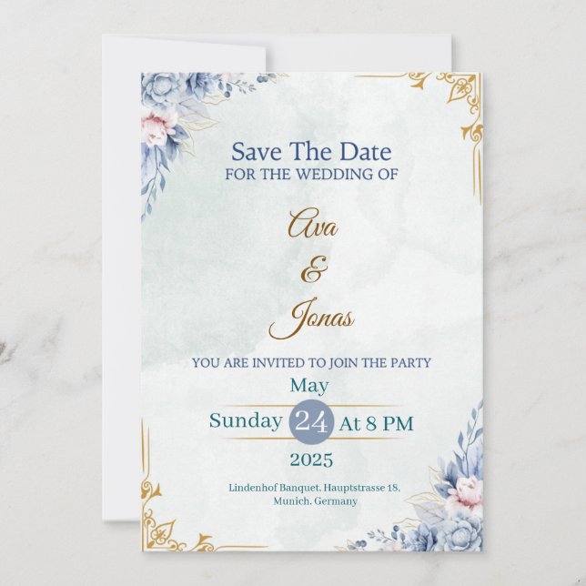 Tarjeta elegante de fecha de salvado floral azul (Anverso)