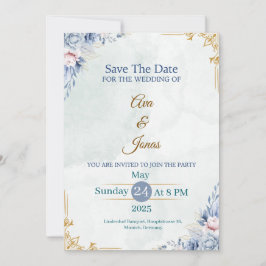 Tarjeta elegante de fecha de salvado floral azul