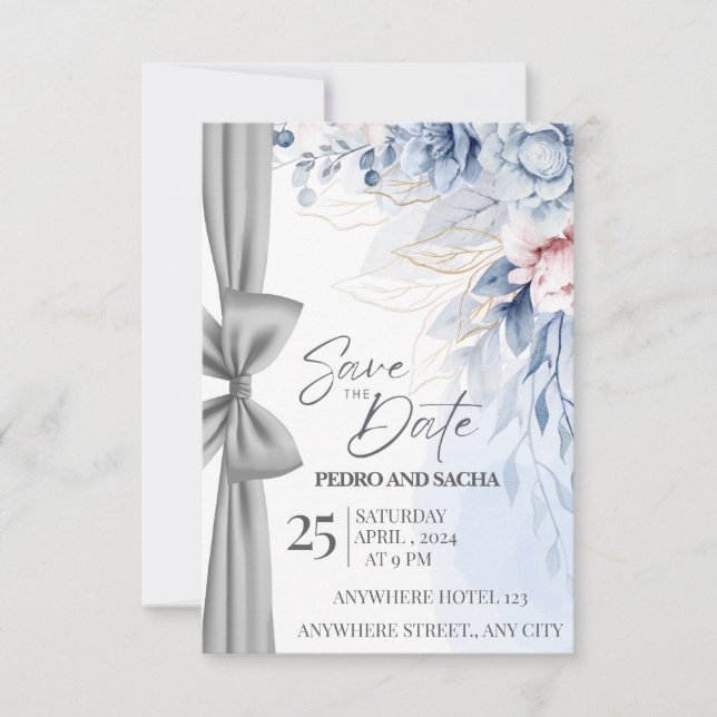 Tarjeta elegante de flor azul para guardar la fech (Anverso)