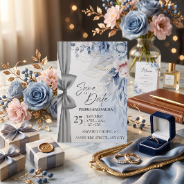 Tarjeta elegante de flor azul para guardar la fech