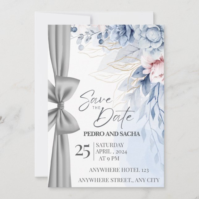 Tarjeta elegante de flor azul para guardar la fech (Anverso)
