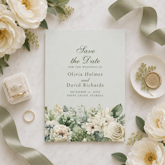 Tarjeta elegante de guardar la fecha floral verde  (Elegant Sage Green Floral Save The Date Card)