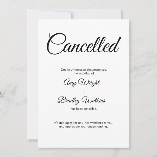 Tarjeta elegante de Invitación cancelada por Boda (Anverso)