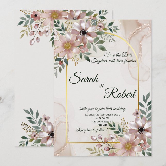 Tarjeta elegante de mármol rosado floral para anun (Anverso / Reverso)
