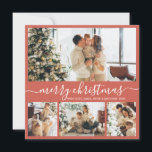 Tarjeta elegante de Navidades de Collage de fotos<br><div class="desc">Elegante caligrafía Minimalista 4 Collages de fotos de la tarjeta navideña de escritura navideña de navidad. Esta plantilla festiva, minimalista, caprichosa de cuatro (4) fotos de tarjetas de vacaciones presenta un collage de fotos de bonito y dice "Feliz Navidad" en terracota de salmón claro o fondo rojo pastel. El texto...</div>