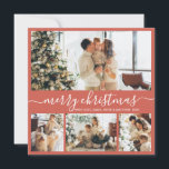 Tarjeta elegante de Navidades de Collage de fotos<br><div class="desc">Elegante caligrafía Minimalista 4 Collages de fotos de la tarjeta navideña de escritura navideña de navidad. Esta plantilla festiva, minimalista, caprichosa de cuatro (4) fotos de tarjetas de vacaciones presenta un collage de fotos de bonito y dice "Feliz Navidad" en terracota de salmón claro o fondo rojo pastel. El texto...</div>