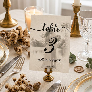 Tarjeta elegante de número de mesa de boda con fot