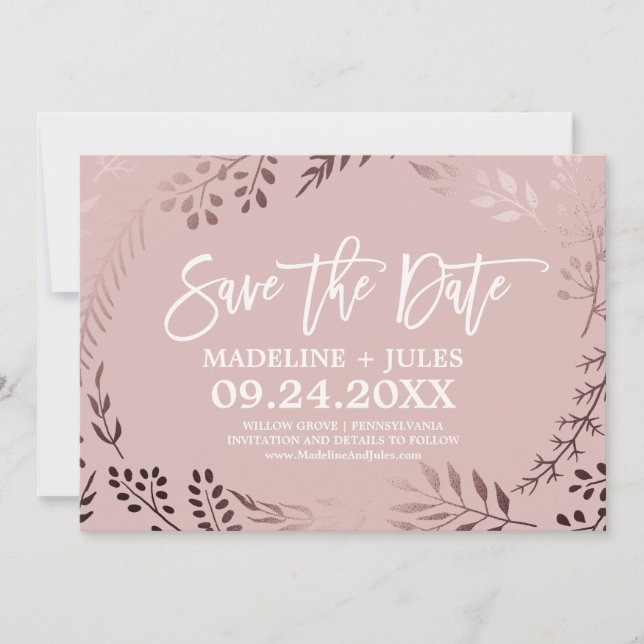 Tarjeta elegante de oro rosa para anunciar la fech (Anverso)