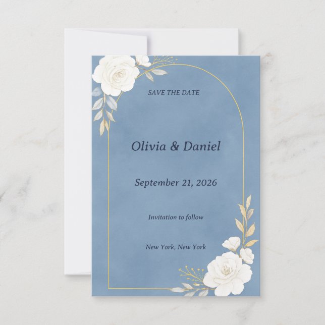 Tarjeta elegante de "Save the Date" azul polvorien (Anverso)