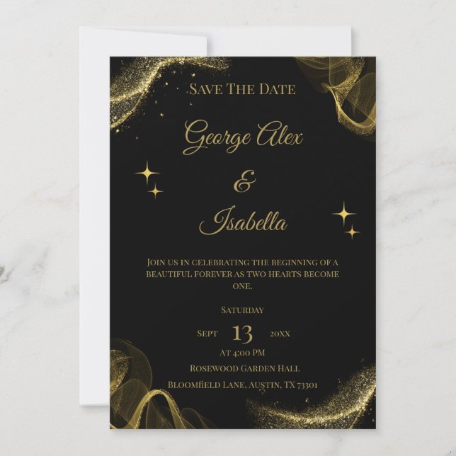 Tarjeta elegante de "Save the Date" con destellos  (Anverso)