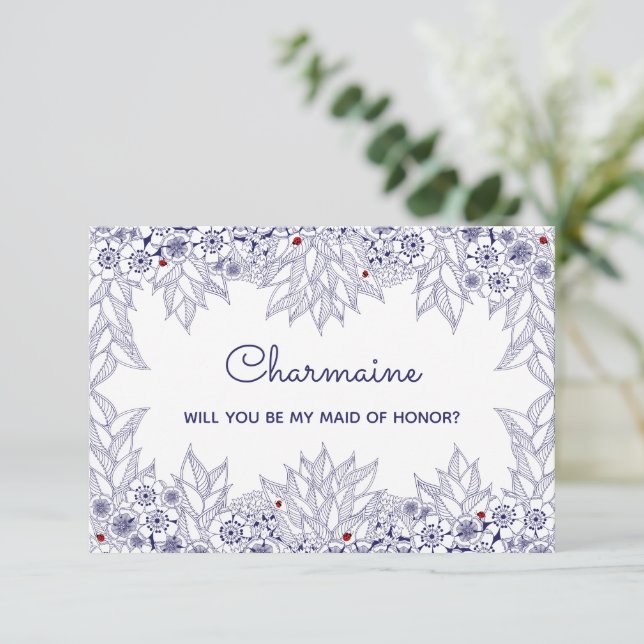 Tarjeta Elegante doncella blanca azul de honor invitada (Anverso de pie)