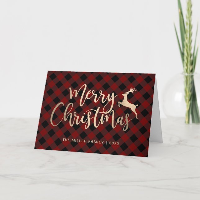Tarjeta Elegante dorado Feliz Navidad Negro y Red Plaid (Anverso)
