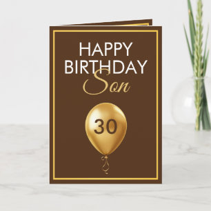 Tarjeta Elegante dorado y globo marrón hijo 30 cumpleaños