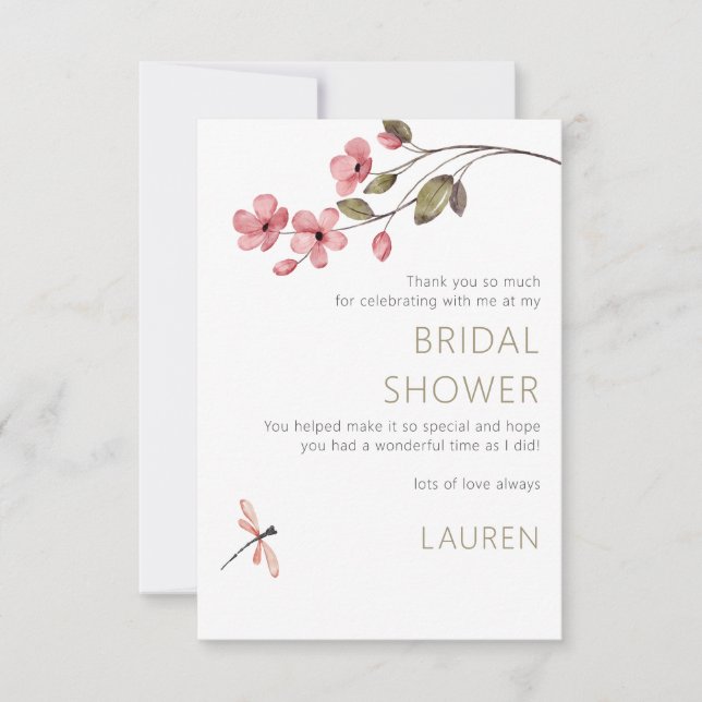 Tarjeta Elegante Dragonfly Blossom Bridal Shower Gracias (Anverso)