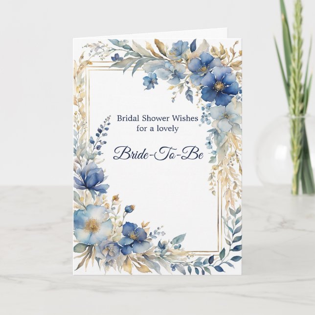 Tarjeta Elegante ducha azul dorada floral novia (Anverso)