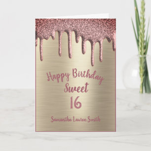 Tarjeta Elegante dulce 16 Rosa de cumpleaños Purpurina de 