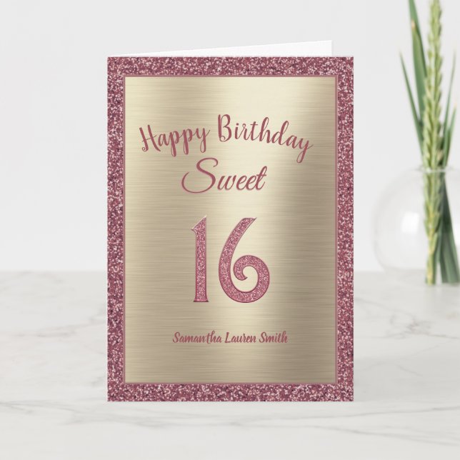 Tarjeta Elegante dulce 16 Rosa Purpurina de oro de cumplea (Anverso)