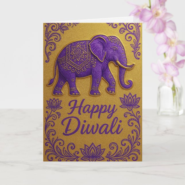 Tarjeta Elegante Elefante y Lotus Feliz Diwali (Orquídea)