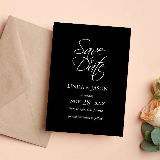 Tarjeta elegante en negro y blanco para guardar la (Black and white elegant save the date card announces your wedding with timeless style.)