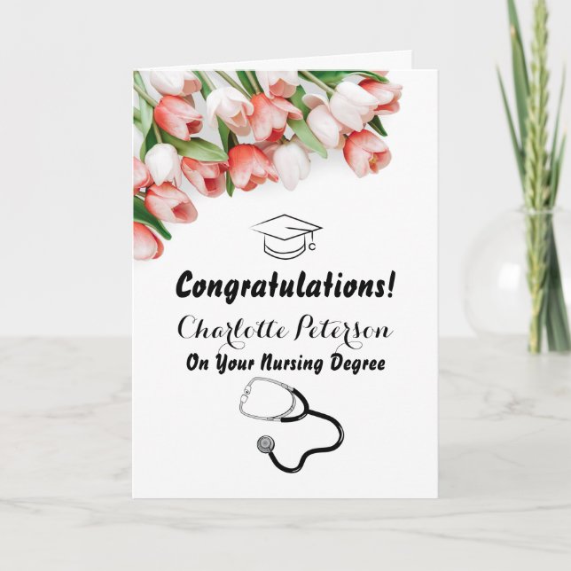 Tarjeta Elegante Enfermera de Tulipanes Rosados Felicitaci (Anverso)