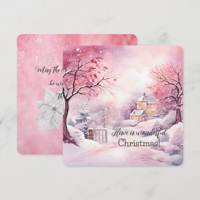 Tarjeta Elegante Escena De Árbol De Navidad Rosa En Invier (Anverso / Reverso)