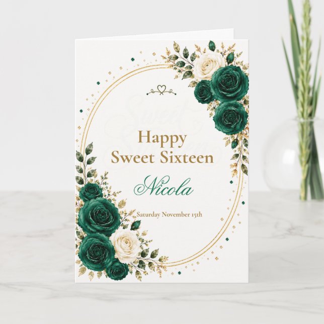 Tarjeta Elegante Esmeralda Dulces 16 (Anverso)