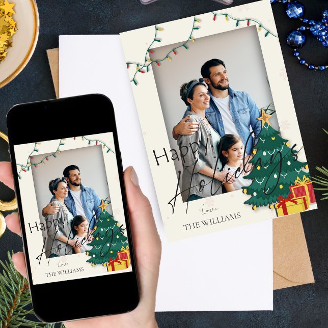 Tarjeta Elegante Estrella del Árbol de Navidad Foto Felice (Elegant Christmas Tree Star Photo Happy Holidays Card)