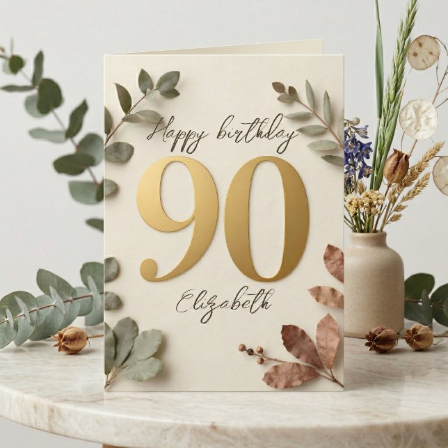 Tarjeta Elegante Eucalipto Botánico Dorado Cumpleaños 90 (Subido por el creador)