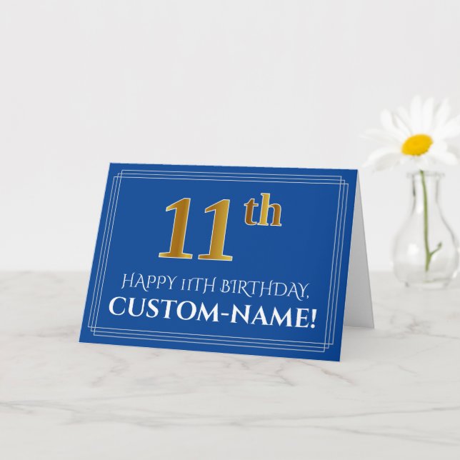 Tarjeta Elegante Faux Gold Look 11th Birthday, Nombre (Azu (Planta pequeña)