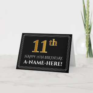 Tarjeta Elegante Faux Gold Look "11th" Cumpleaños + Nombre