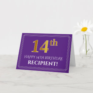 Tarjeta Elegante Faux Gold Look 14th Birthday, Nombre; Pur