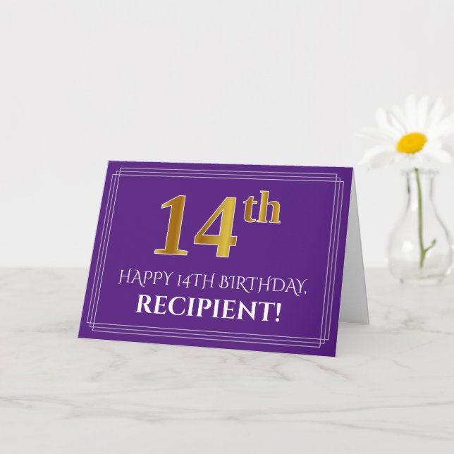 Tarjeta Elegante Faux Gold Look 14th Birthday, Nombre; Pur (Planta pequeña)