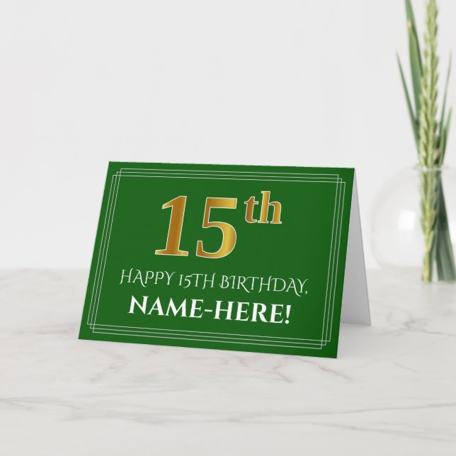 Tarjeta Elegante Faux Gold Look 15th Birthday, Nombre (Ver (Anverso)