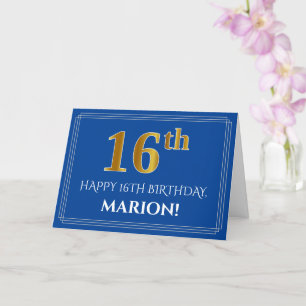Tarjeta Elegante Faux Gold Look 16th Birthday, Nombre (Azu