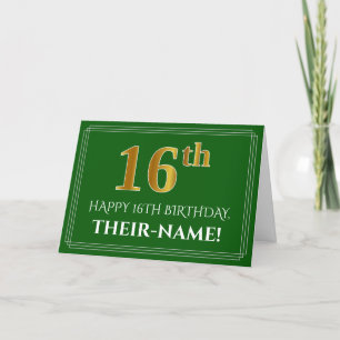 Tarjeta Elegante Faux Gold Look 16th Birthday, Nombre (Ver