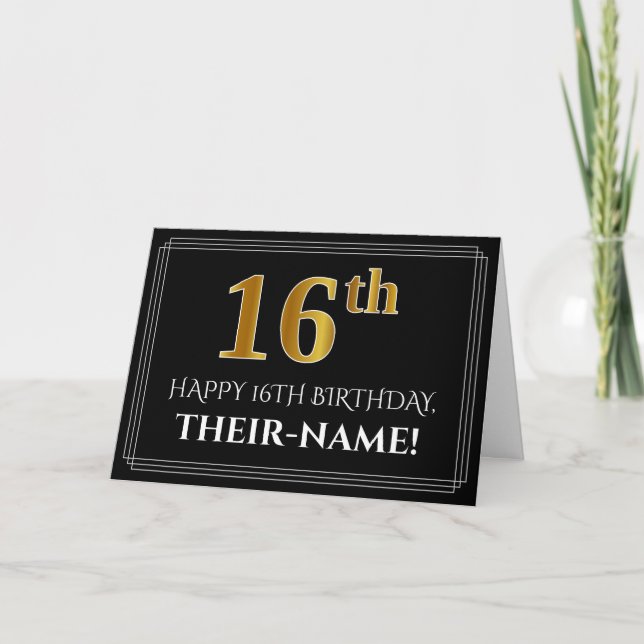 Tarjeta Elegante Faux Gold Look "16th" Cumpleaños + Nombre (Anverso)