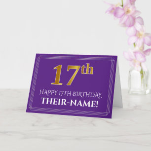 Tarjeta Elegante Faux Gold Look 17th Birthday, Nombre; Pur