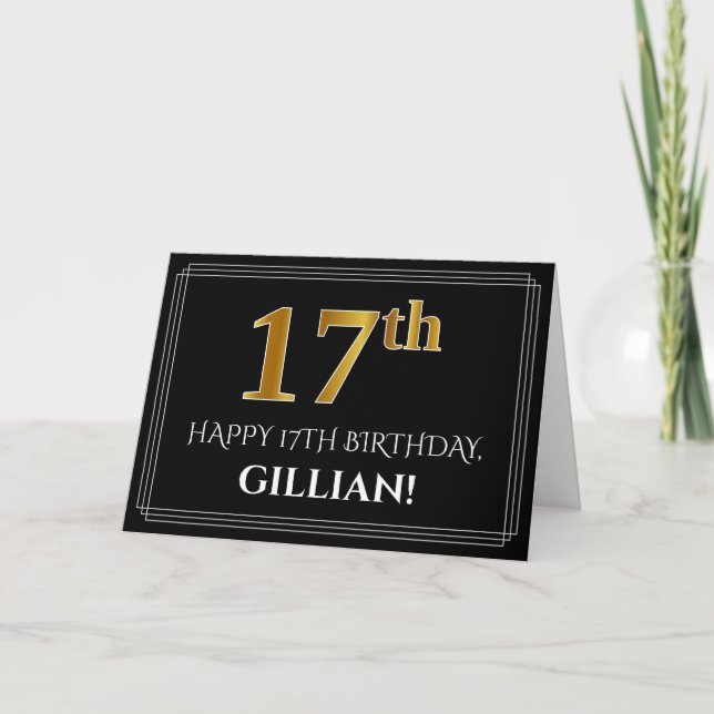 Tarjeta Elegante Faux Gold Look "17th" Cumpleaños + Nombre (Anverso)
