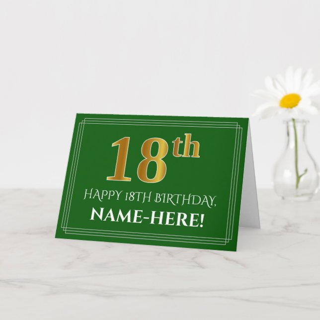 Tarjeta Elegante Faux Gold Look 18th Birthday, Nombre (Ver (Planta pequeña)