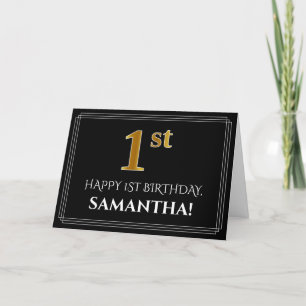 Tarjeta Elegante Faux Gold Look "1er" Cumpleaños + Nombre