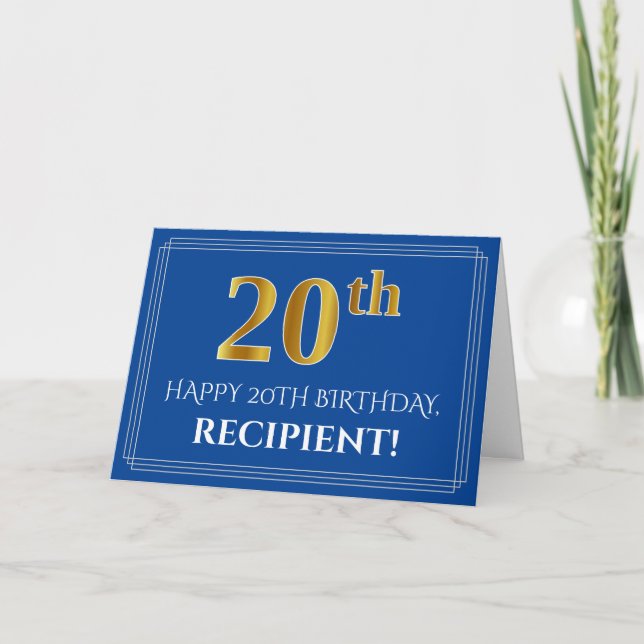 Tarjeta Elegante Faux Gold Look 20th Birthday, Nombre (Azu (Anverso)