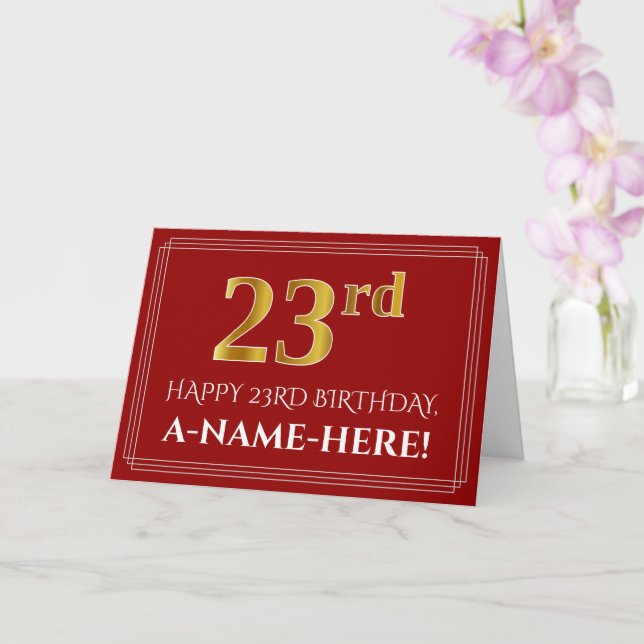 Tarjeta Elegante Faux Gold Look "23" Cumpleaños, Nombre (R (Orquídea)