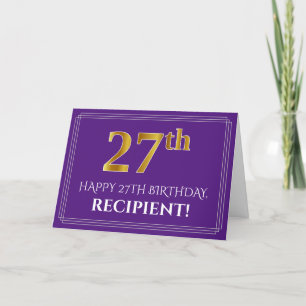 Tarjeta Elegante Faux Gold Look 27th Birthday, Nombre; Pur