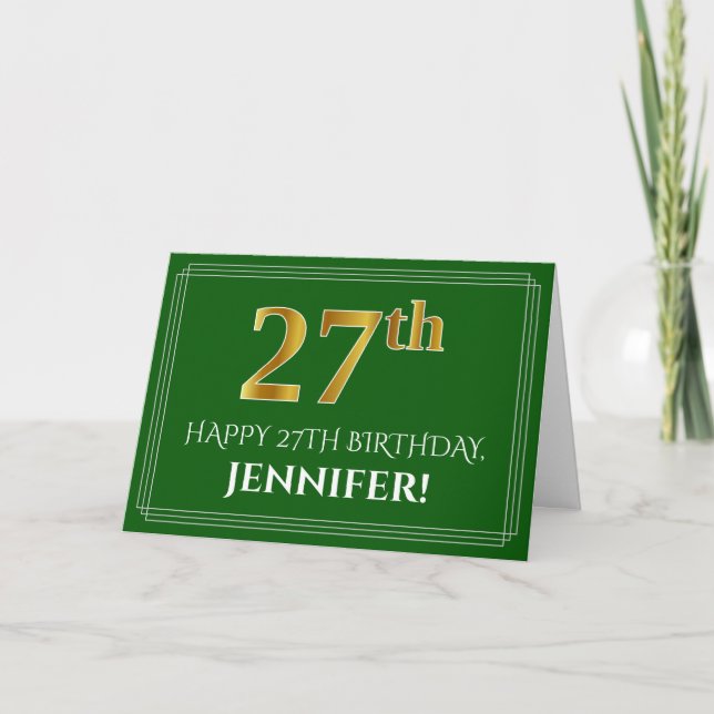 Tarjeta Elegante Faux Gold Look 27th Birthday, Nombre (Ver (Anverso)